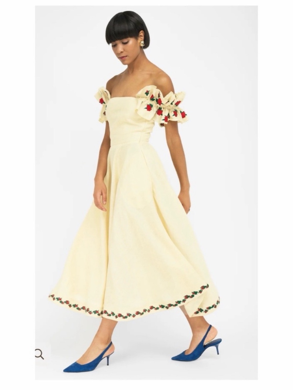 Fanm Mon White Off-Shoulder Midi Dress with Floral Embroidered Trim